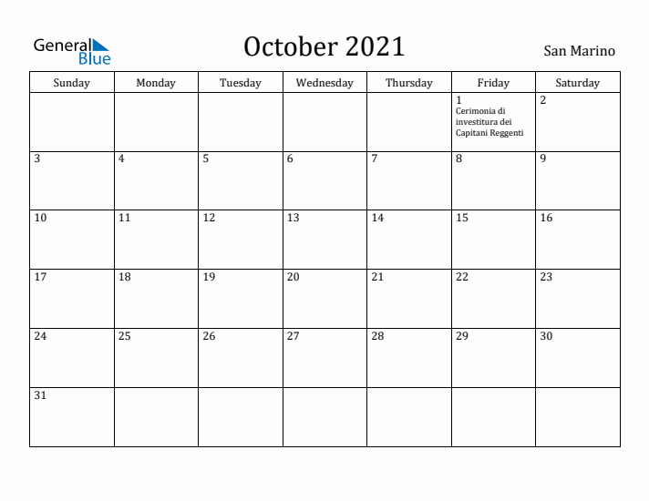 October 2021 Calendar San Marino