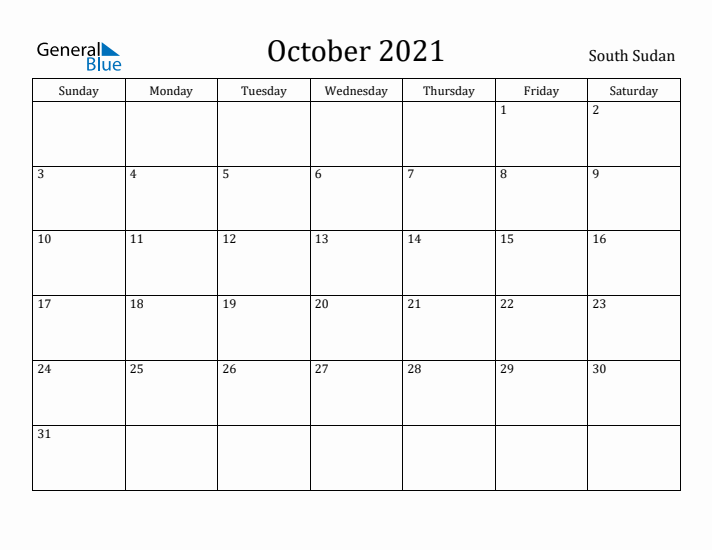 October 2021 Calendar South Sudan