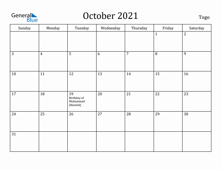 October 2021 Calendar Togo