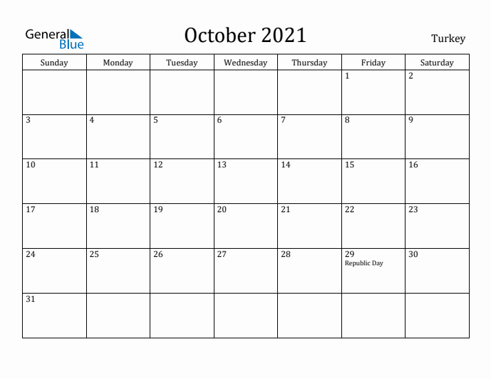 October 2021 Calendar Turkey