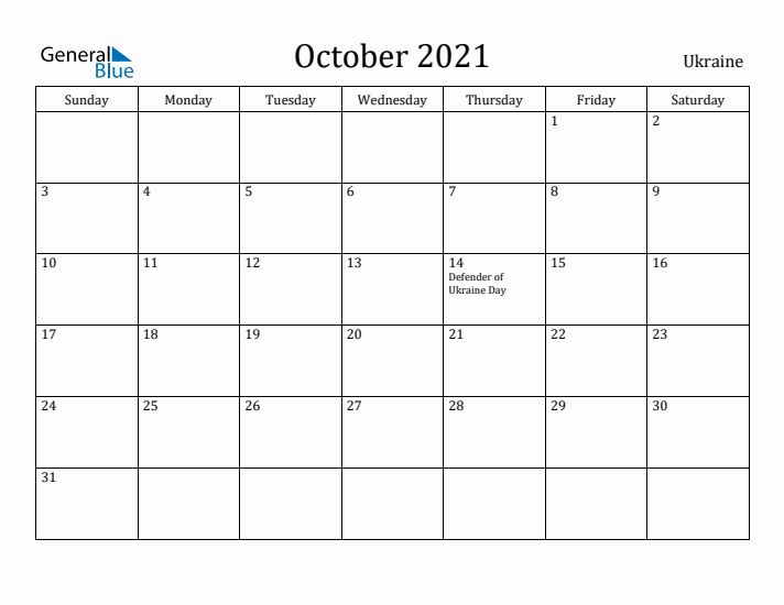 October 2021 Calendar Ukraine