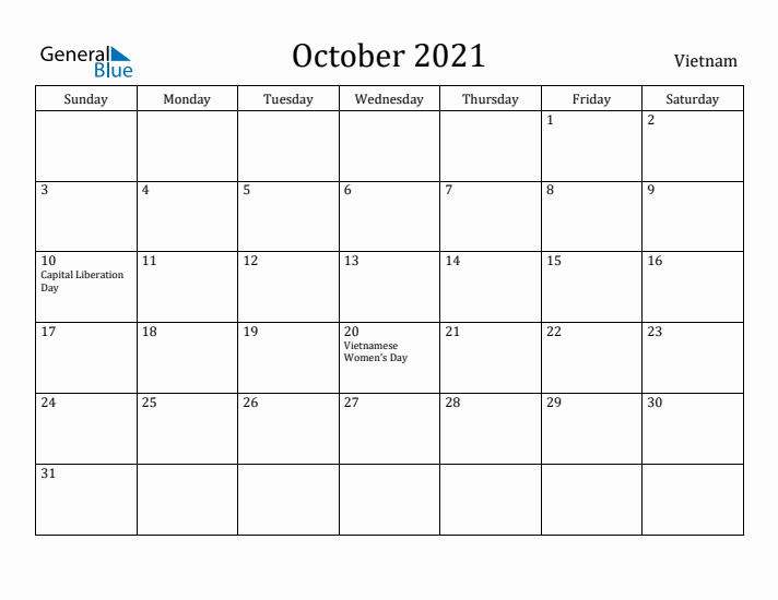 October 2021 Calendar Vietnam