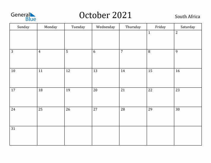 October 2021 Calendar South Africa