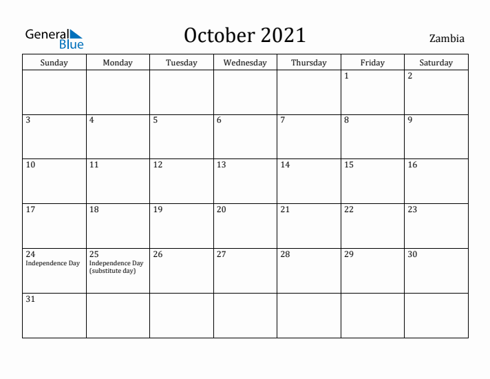 October 2021 Calendar Zambia