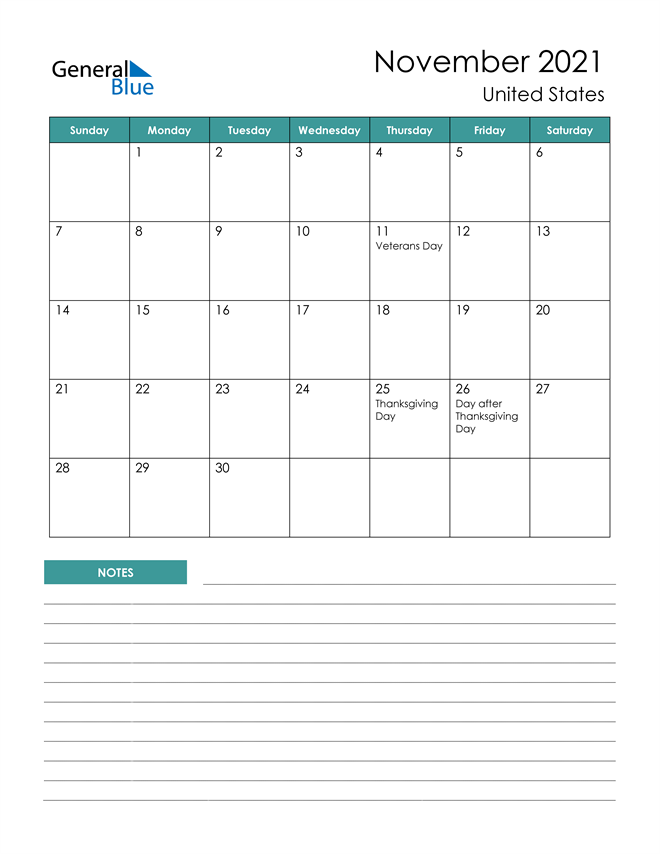 United States November 2021 Calendar With Holidays