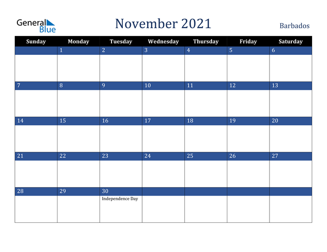 November 2021 Barbados Calendar
