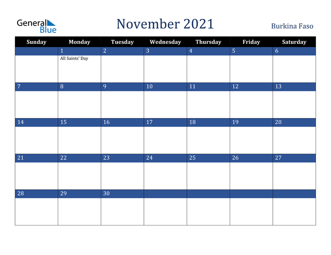 November 2021 Burkina Faso Calendar