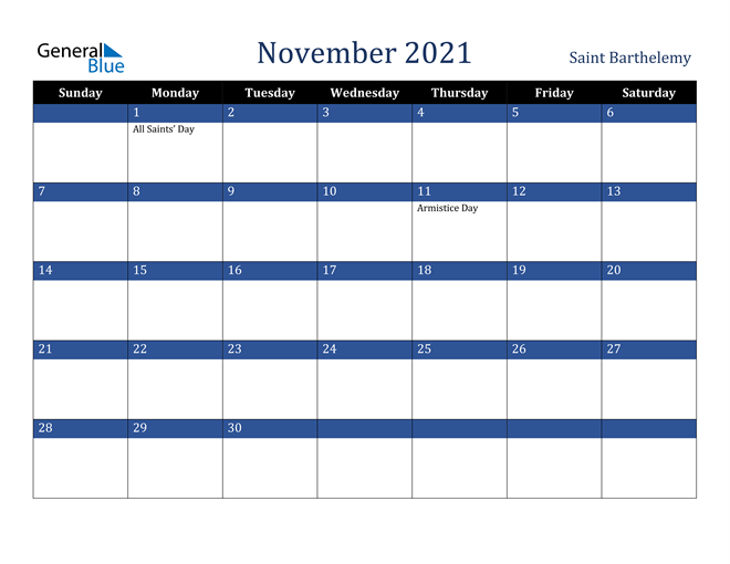 November 2021 Saint Barthelemy Calendar