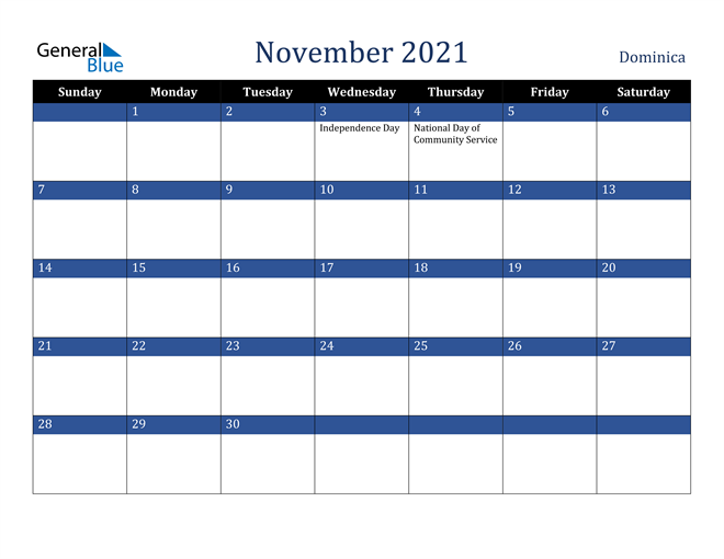 November 2021 Dominica Calendar