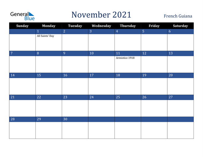 November 2021 French Guiana Calendar
