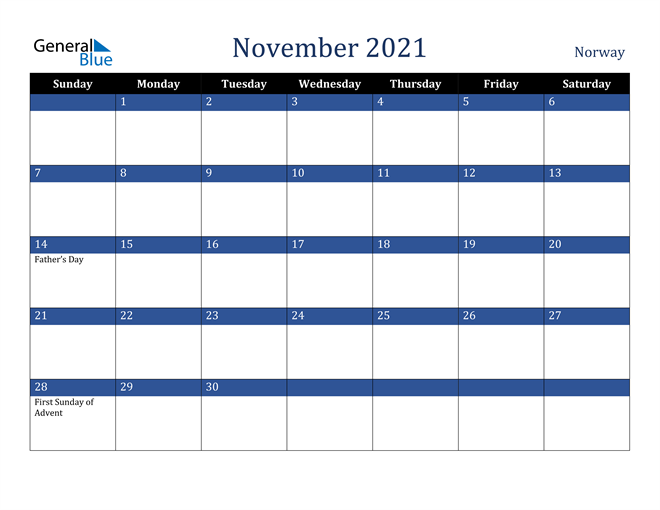 November 2021 Norway Calendar