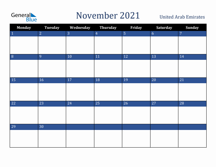 November 2021 United Arab Emirates Calendar (Monday Start)