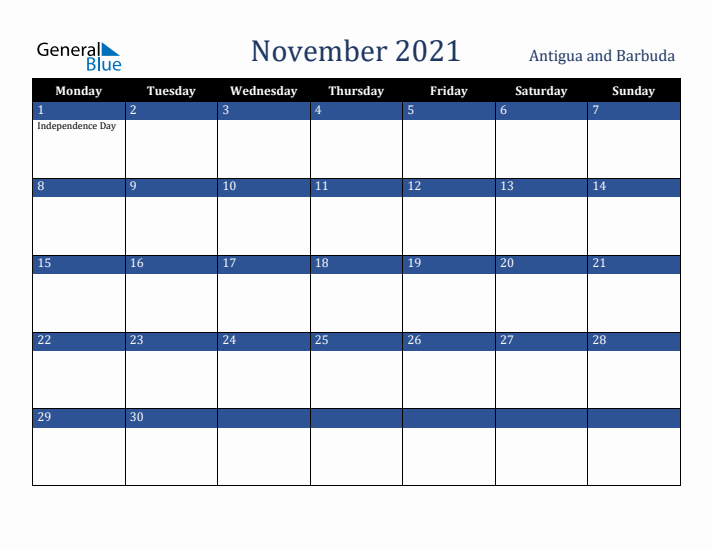 November 2021 Antigua and Barbuda Calendar (Monday Start)