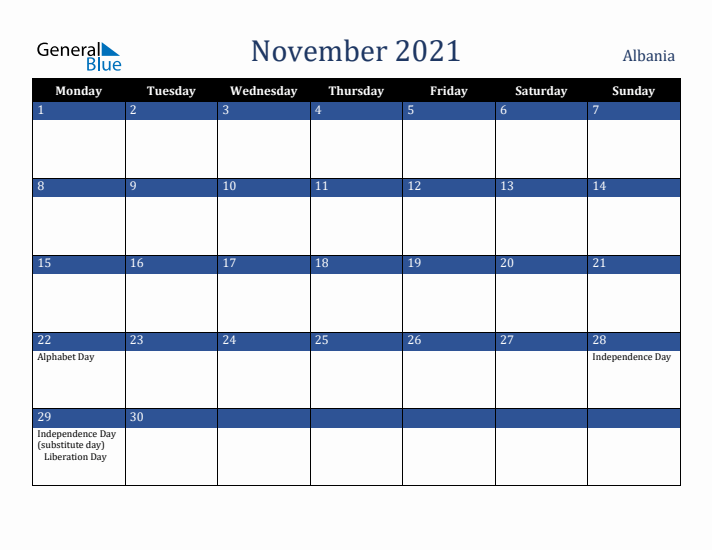 November 2021 Albania Calendar (Monday Start)