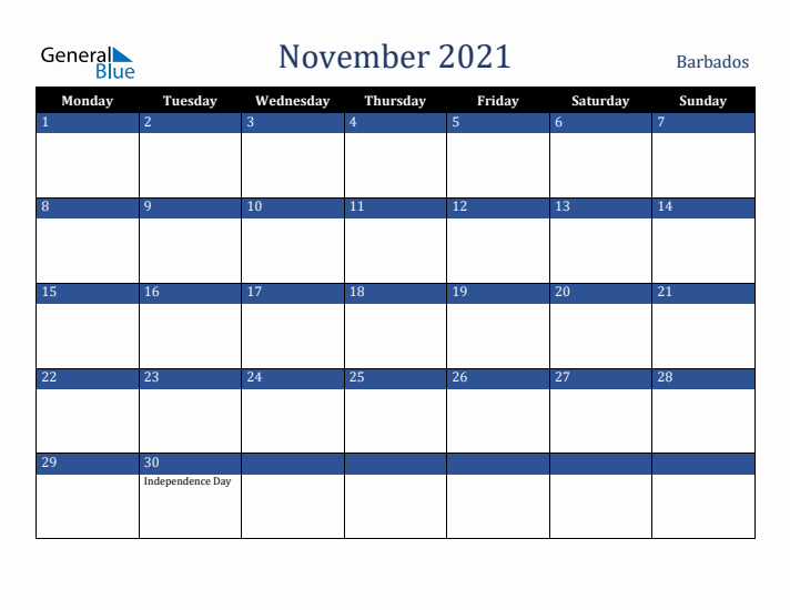 November 2021 Barbados Calendar (Monday Start)