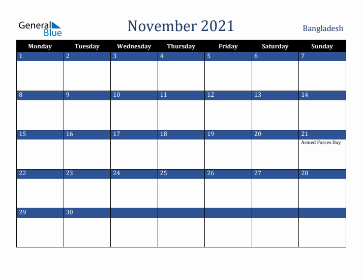November 2021 Bangladesh Calendar (Monday Start)