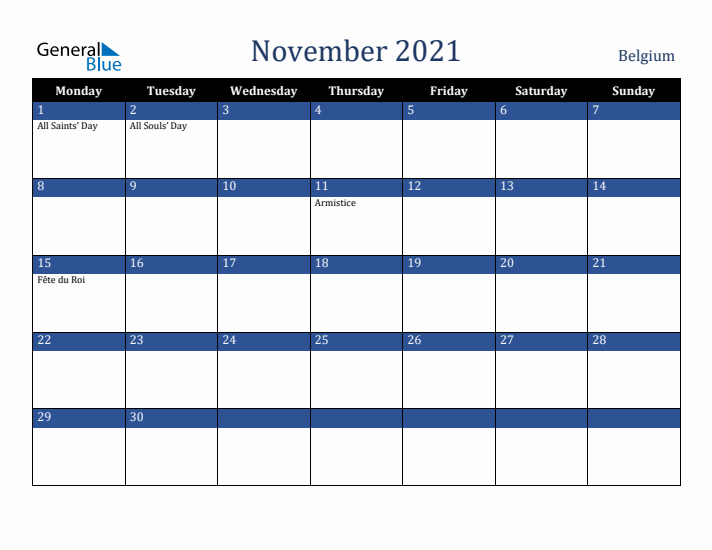 November 2021 Belgium Calendar (Monday Start)