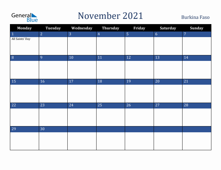 November 2021 Burkina Faso Calendar (Monday Start)