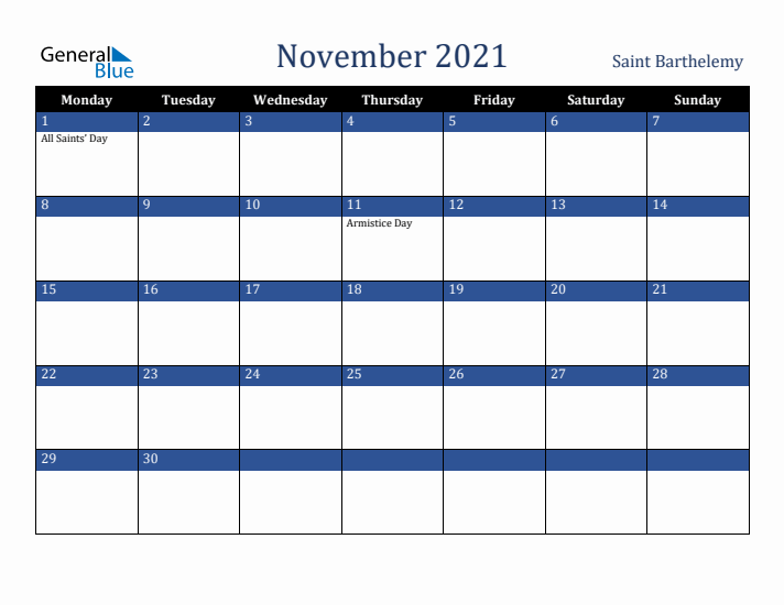 November 2021 Saint Barthelemy Calendar (Monday Start)
