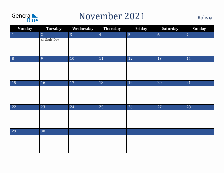 November 2021 Bolivia Calendar (Monday Start)