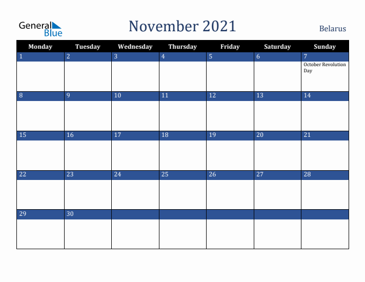 November 2021 Belarus Calendar (Monday Start)