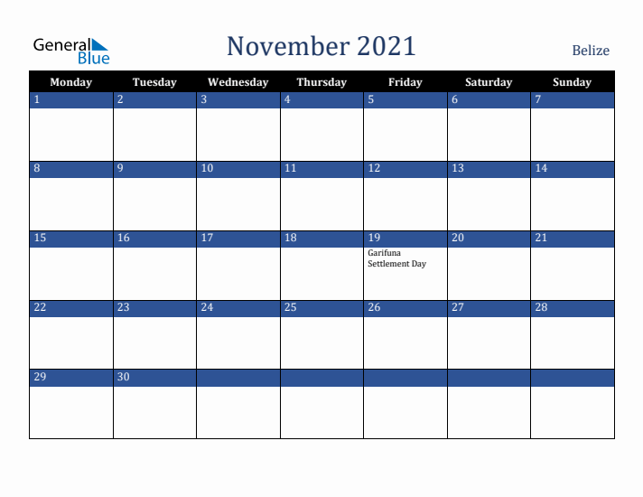 November 2021 Belize Calendar (Monday Start)