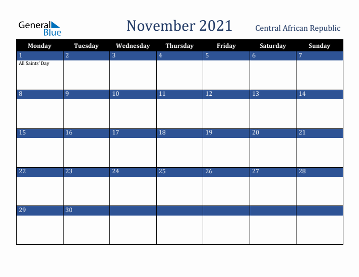 November 2021 Central African Republic Calendar (Monday Start)
