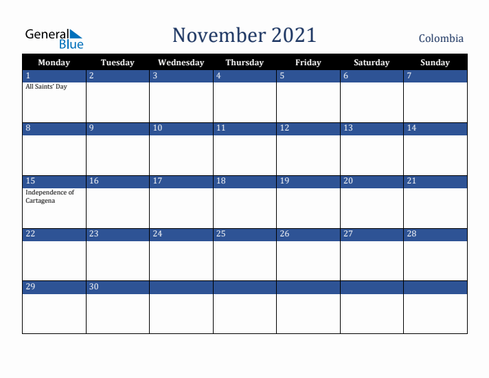 November 2021 Colombia Calendar (Monday Start)