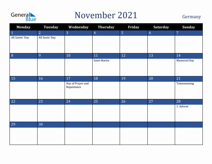 November 2021 Germany Calendar (Monday Start)