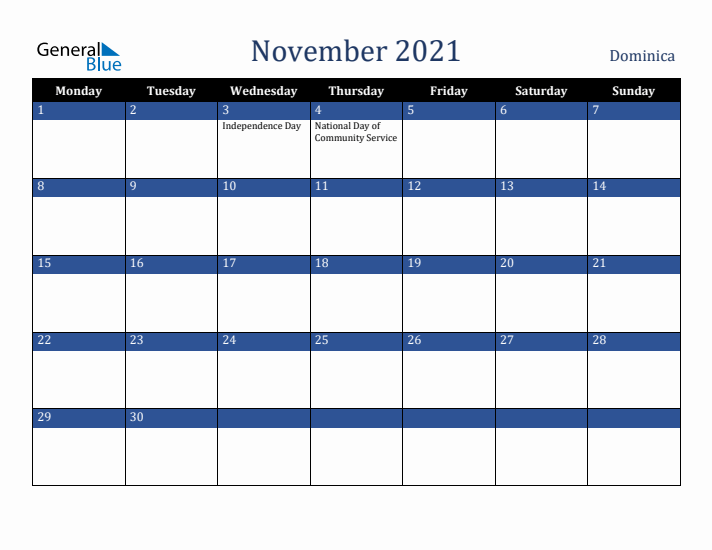 November 2021 Dominica Calendar (Monday Start)