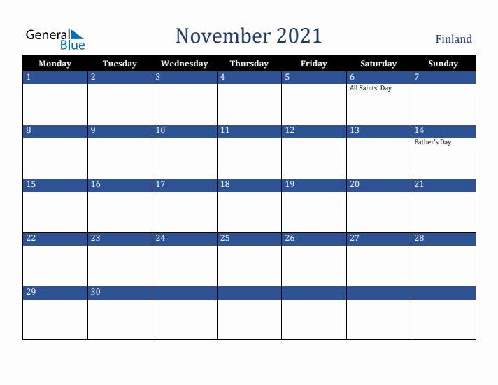 November 2021 Finland Calendar (Monday Start)