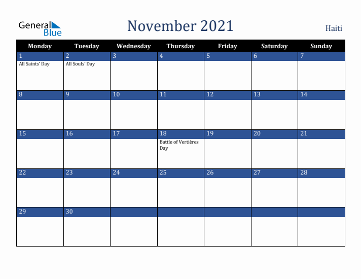 November 2021 Haiti Calendar (Monday Start)