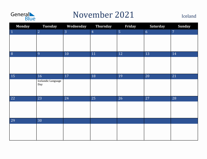 November 2021 Iceland Calendar (Monday Start)