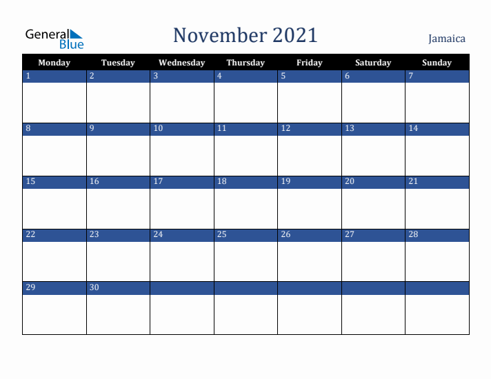 November 2021 Jamaica Calendar (Monday Start)