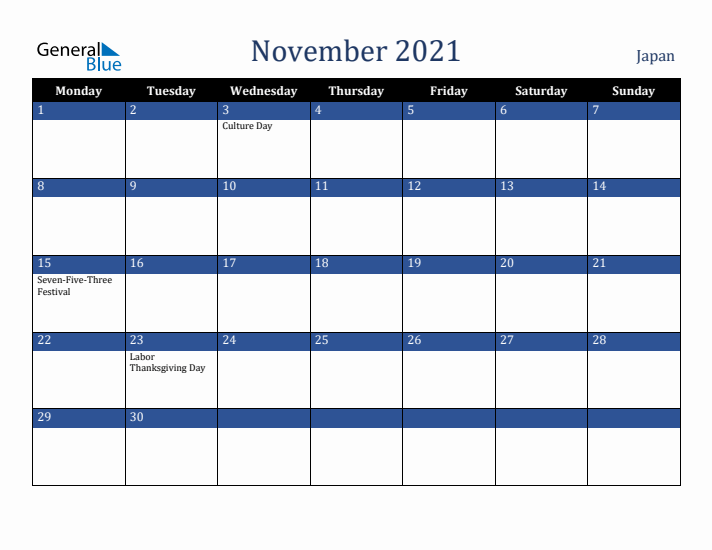 November 2021 Japan Calendar (Monday Start)