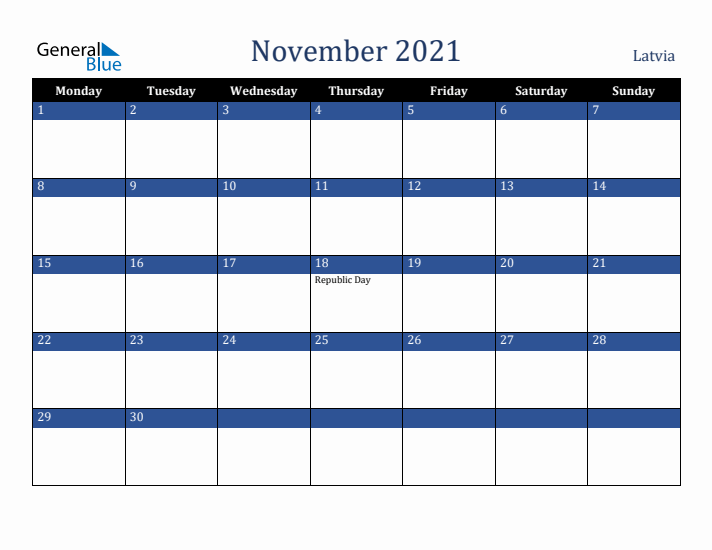 November 2021 Latvia Calendar (Monday Start)