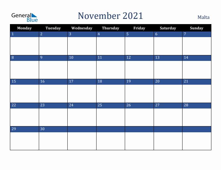 November 2021 Malta Calendar (Monday Start)