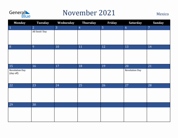 November 2021 Mexico Calendar (Monday Start)