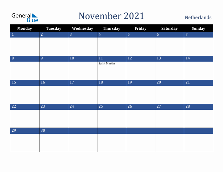November 2021 The Netherlands Calendar (Monday Start)