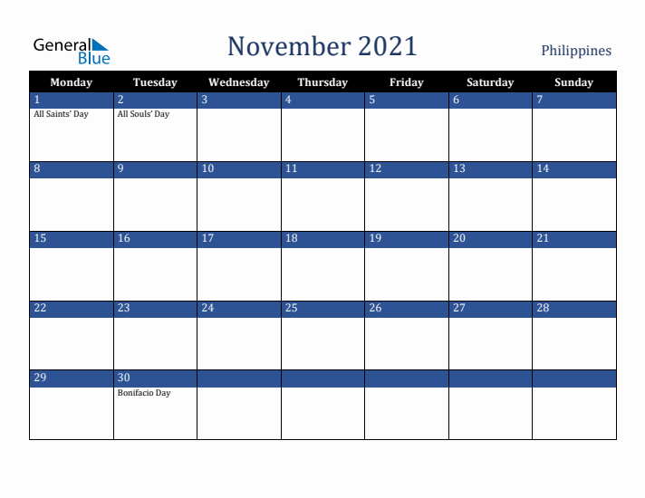 November 2021 Philippines Calendar (Monday Start)