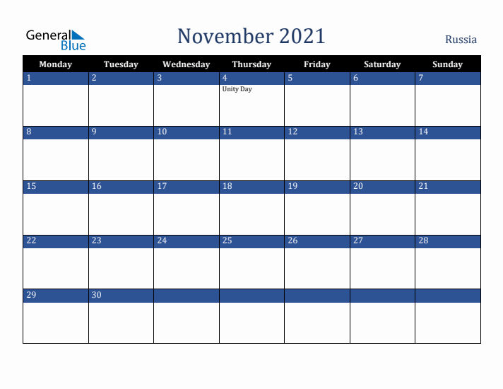 November 2021 Russia Calendar (Monday Start)