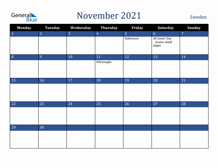 November 2021 Sweden Calendar (Monday Start)
