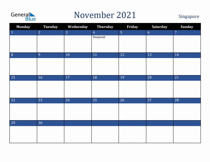 November 2021 Singapore Calendar (Monday Start)