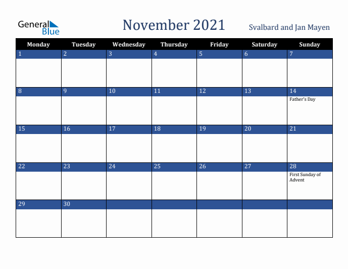 November 2021 Svalbard and Jan Mayen Calendar (Monday Start)