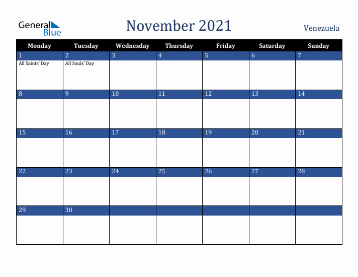 November 2021 Venezuela Calendar (Monday Start)