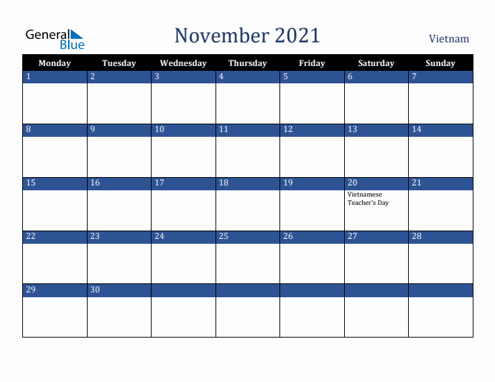 November 2021 Vietnam Calendar (Monday Start)