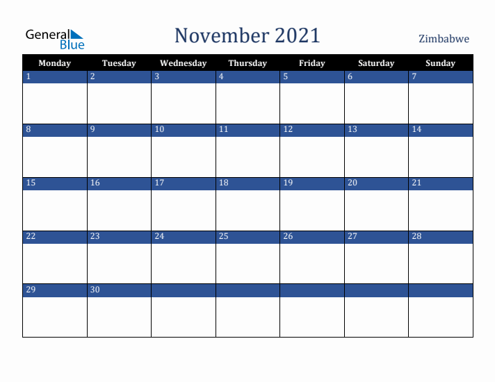 November 2021 Zimbabwe Calendar (Monday Start)