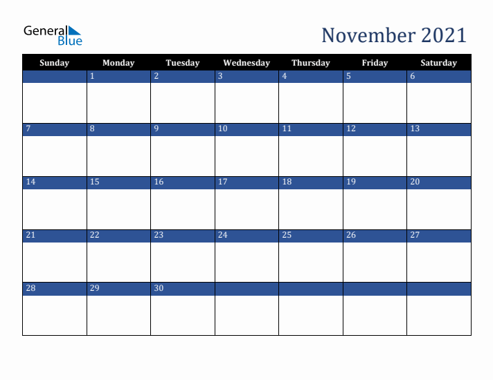 Sunday Start Calendar for November 2021