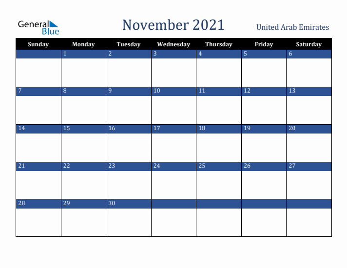 November 2021 United Arab Emirates Calendar (Sunday Start)