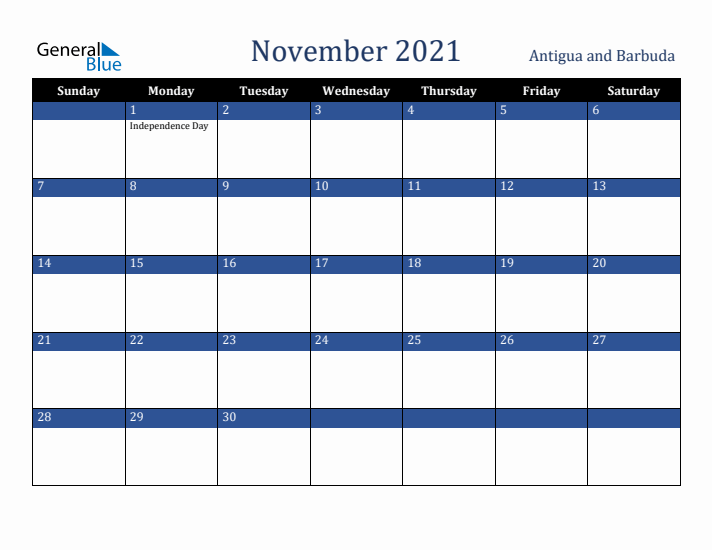 November 2021 Antigua and Barbuda Calendar (Sunday Start)